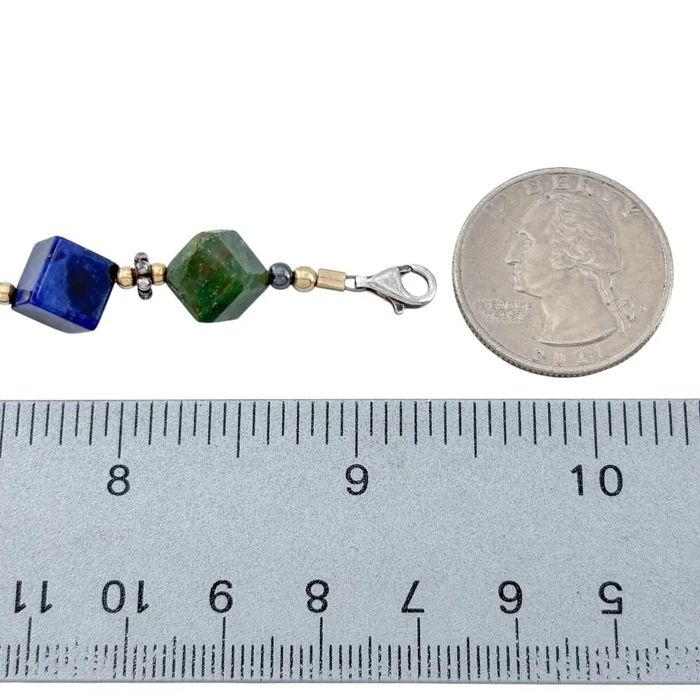 Vintage Sterling Silver 925 Lapis Aventurine Cube Bead Bracelet 7.5